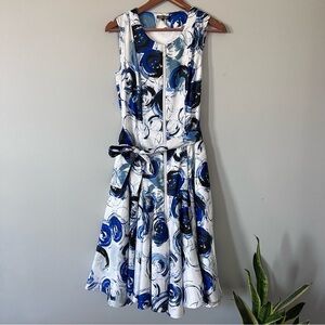 Samuel Dong Midi Dress • XS • Blue/Black/White Abstract Print